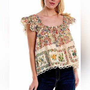 FARM Rio DELICATE FOREST SCARVES TOP TROPICAL PRINT EMBROIDERED SIZE SMALL